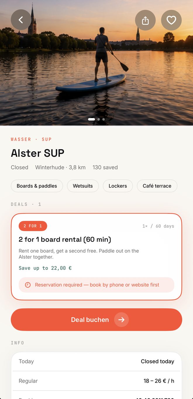 Der Eintrag von Alster SUP in der Lonvie-App